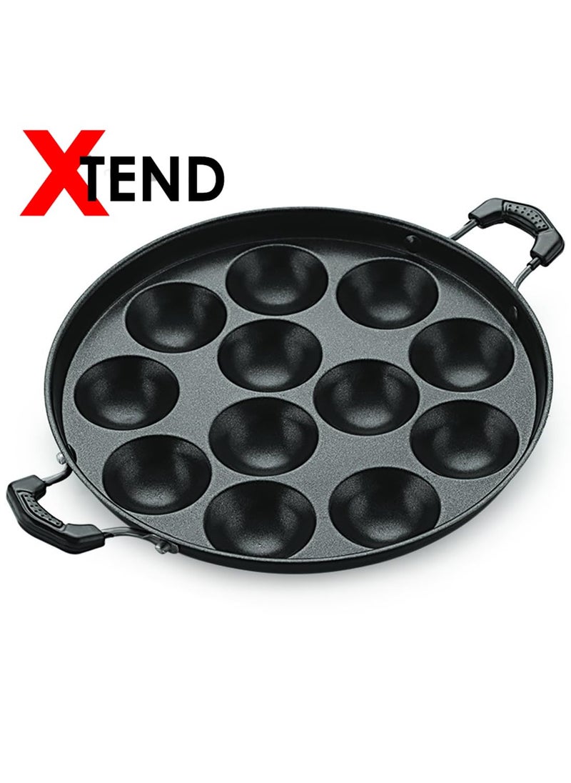 XTEND Xtend Non-Stick 12 Cavity Appam Patra Paddu Paniyarakkal Maker Chatty Paniyaram Pan Ponganal Baati Litti Baking Pot with Steel Lid (Aluminium, Non-Stick)  - Image 2