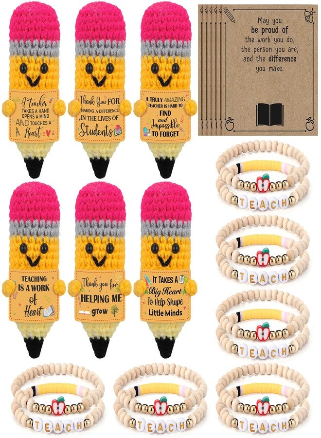 Juinte 6 Sets Christmas Teacher Appreciation Gifts Crochet Pencil Dolls with Thank You Teacher Card and Bracelet Presents for Teacher's Day Positive Graduation End of Year from Students - Image 1