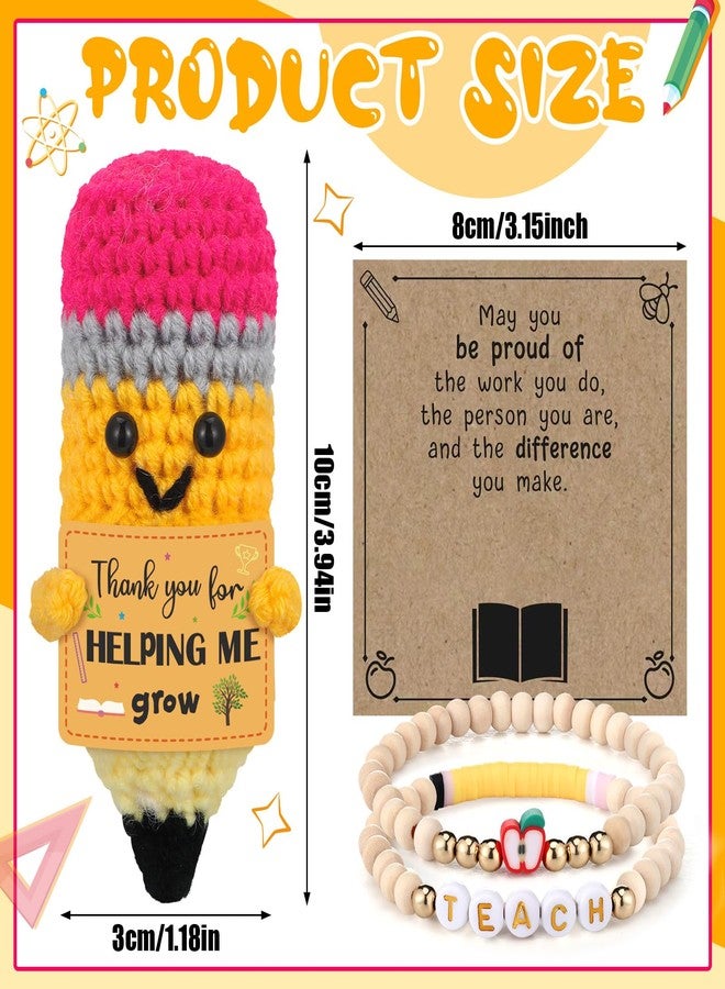 Juinte 6 Sets Christmas Teacher Appreciation Gifts Crochet Pencil Dolls with Thank You Teacher Card and Bracelet Presents for Teacher's Day Positive Graduation End of Year from Students - Image 3