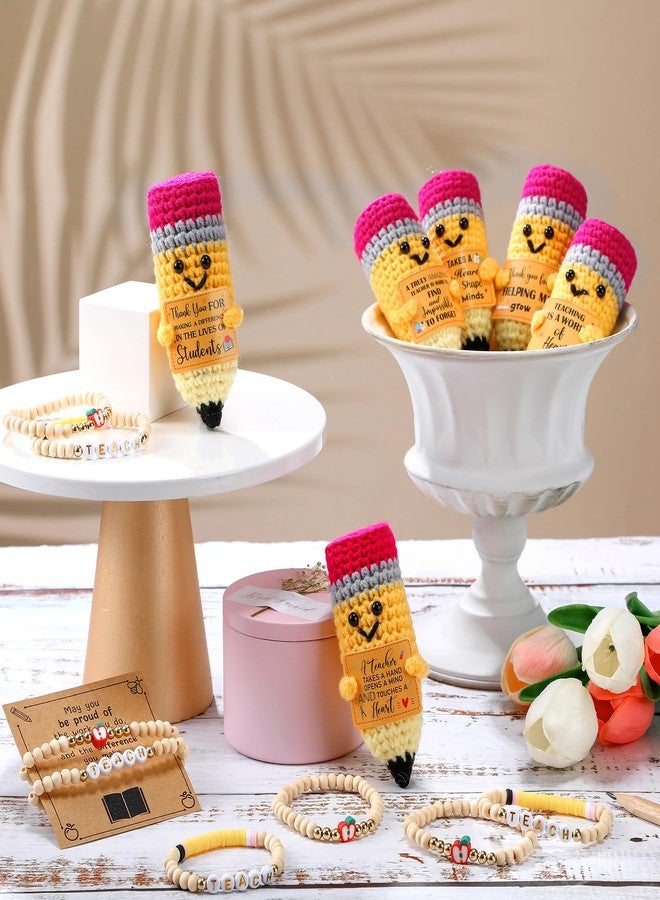 Juinte 6 Sets Christmas Teacher Appreciation Gifts Crochet Pencil Dolls with Thank You Teacher Card and Bracelet Presents for Teacher's Day Positive Graduation End of Year from Students - Image 2