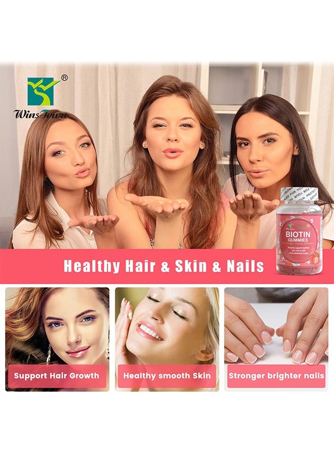 وينز تاون علكات البيوتين، بالكولاجين والكيراتين وفيتامين ج، تدعم بشكل طبيعي صحة الشعر والبشرة والأظافر لجميع الأعراق والأنواع، بنكهة الفراولة، 60 قطعة - Image 2