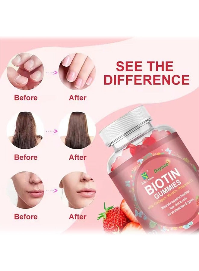 وينز تاون علكات البيوتين، بالكولاجين والكيراتين وفيتامين ج، تدعم بشكل طبيعي صحة الشعر والبشرة والأظافر لجميع الأعراق والأنواع، بنكهة الفراولة، 60 قطعة - Image 3