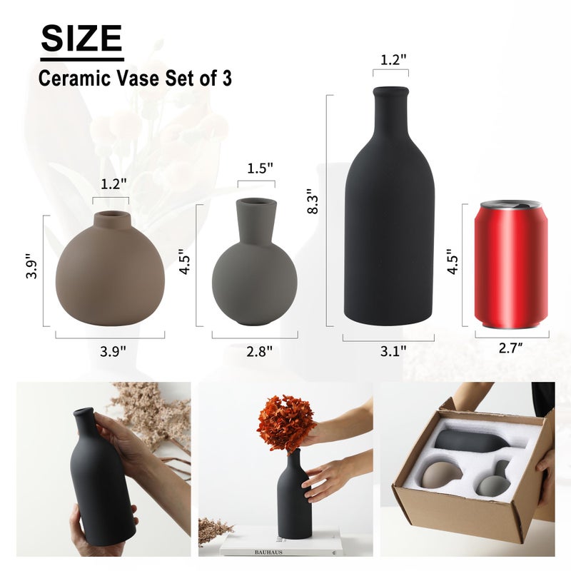 ooit Ceramic Vase Set of 3, Vases Home Decor Rustic Farmhouse Decor Pottery Vases for Bouquet Pampas Grass Dried Fresh Flowers, Living Room, Kitchen, Bedroom, Bathroom, Entryway Mantel, Decor -Multicolor - Image 2