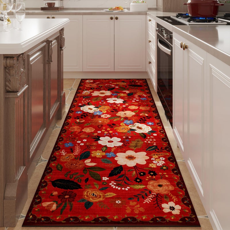 Rugcomf Runner Rug for Hallways Kitchen Rug Non Slip 2'6''x8' Washable Runner Rugs with Rubber Backing Soft Floral Carpet Runner for Hallways, Kitchen, Laundry, Bedroom, Bathroom(Red) - Image 1