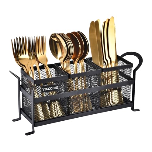 VIKCOLEE Kitchen Utensil Holder, Silverware Organizer Holder, Compact Metal Organizer for Flatware, Spoons, Forks, and Knives - 3 Separate Compartments Perfect for Kitchen Countertop- Black - Image 1