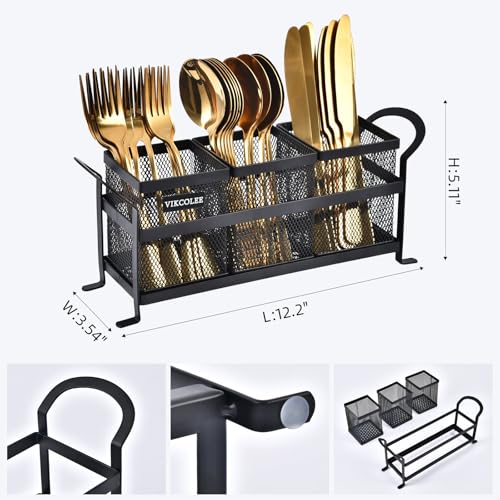 VIKCOLEE Kitchen Utensil Holder, Silverware Organizer Holder, Compact Metal Organizer for Flatware, Spoons, Forks, and Knives - 3 Separate Compartments Perfect for Kitchen Countertop- Black - Image 2