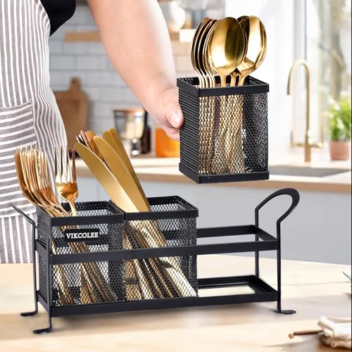 VIKCOLEE Kitchen Utensil Holder, Silverware Organizer Holder, Compact Metal Organizer for Flatware, Spoons, Forks, and Knives - 3 Separate Compartments Perfect for Kitchen Countertop- Black - Image 5