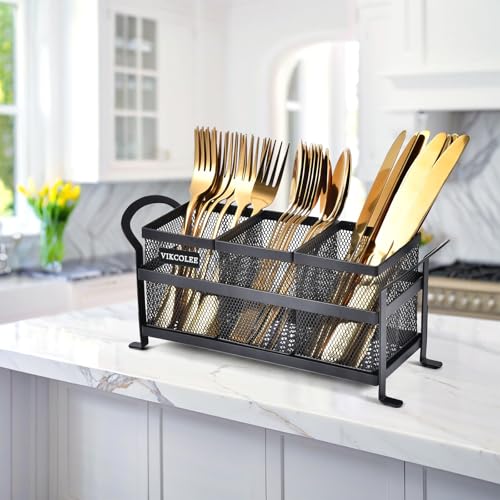 VIKCOLEE Kitchen Utensil Holder, Silverware Organizer Holder, Compact Metal Organizer for Flatware, Spoons, Forks, and Knives - 3 Separate Compartments Perfect for Kitchen Countertop- Black - Image 3