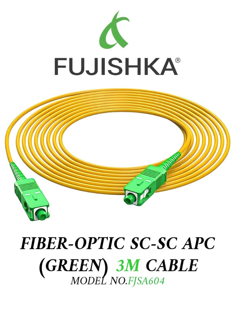 فوجيشكا كابل ألياف ضوئية SC-SC APC بطول 3 أمتار (FJSA604) عالي السرعة أحادي الوضع FTTH، سلك توصيل أخضر، كابل ألياف أصفر - Image 1