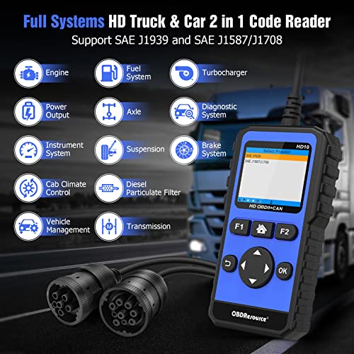 OBDResource Full Systems Heavy Duty Truck Scanner Tool HD OBD/EOBD/OBD2 Automotive Scanner Diagnostic Tool for Truck & Car 2 in 1 Code Reader for Most 12V 24V Diesel Vehicles - Image 3