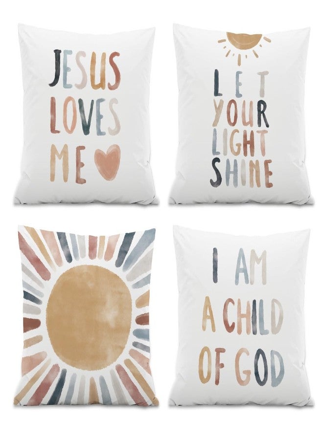ISANOU أغطية وسائد ISANOU Jesus Loves Me، أغطية وسائد مزينة بأشعة الشمس لغرفة الأطفال، آيات الكتاب المقدس الملهمة 18 × 18 بوصة، مجموعة من 4 أغطية وسائد - Image 1
