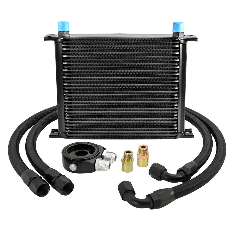 ZHSYMX 30 Row AN1010AN Stacked Plate Oil Cooler Universal Engine Transmission British Radiator Oil Cooler Condenser with Fuel Line Hose Mounting Nut Adapter Clamp Aluminium Alloy Black