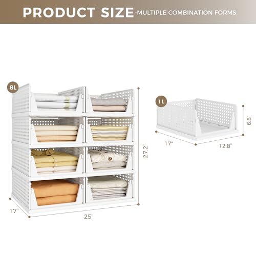 Pinkpum 8 Pack Closet Organizers and Storage Plastic Stackable Storage Bins, Foldable Drawer Shelf Storage Container for Wardrobe Kitchen Bathroom Dorm White - Image 4