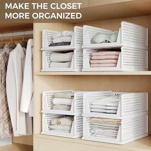 Pinkpum 8 Pack Closet Organizers and Storage Plastic Stackable Storage Bins, Foldable Drawer Shelf Storage Container for Wardrobe Kitchen Bathroom Dorm White - Image 5