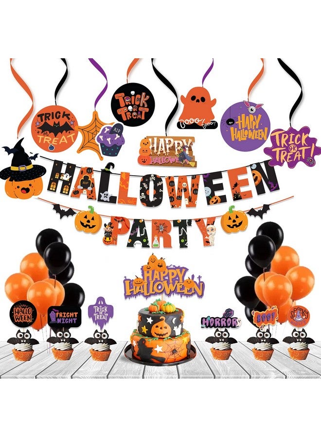 Festiko®Halloween Theme Party Decoration Combo (36 Pcs), Halloween Themes Party Favors for Party Decoration(Banner/Bunting,Swirls,Balloons,Cake Toppers,Cup Cake Topper,Ribbons) - Image 1