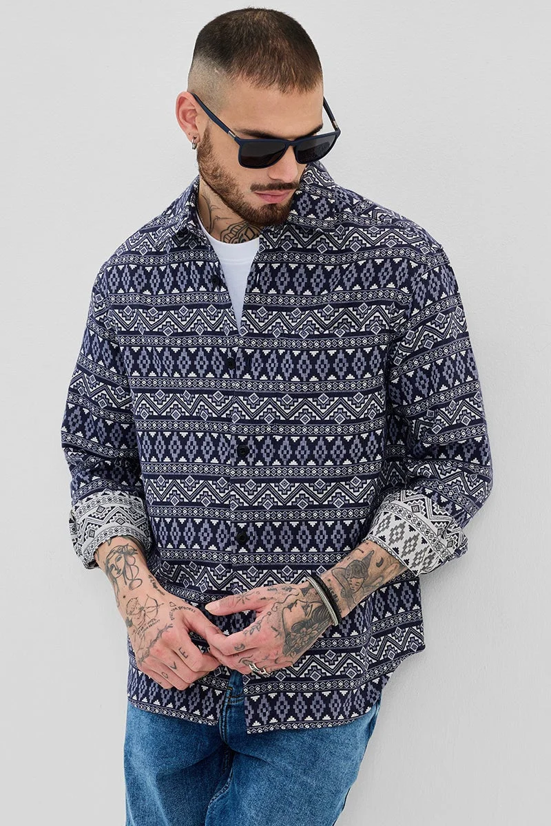 SNITCH Navy Jacquard Relaxed Fit Overshirt