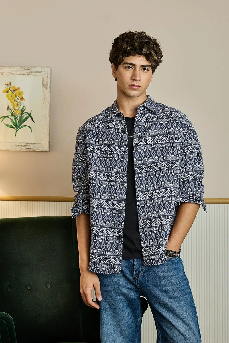 SNITCH Navy Jacquard Relaxed Fit Overshirt
