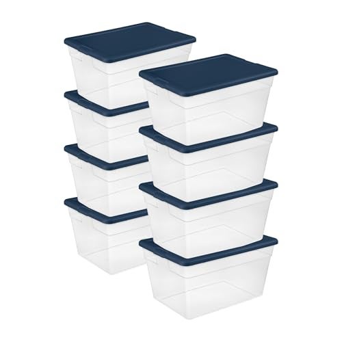 Sterilite Sterilite 8 Pack Storage Boxes Stackable Plastic Totes with Lids Marine Blue 56 Quart 
