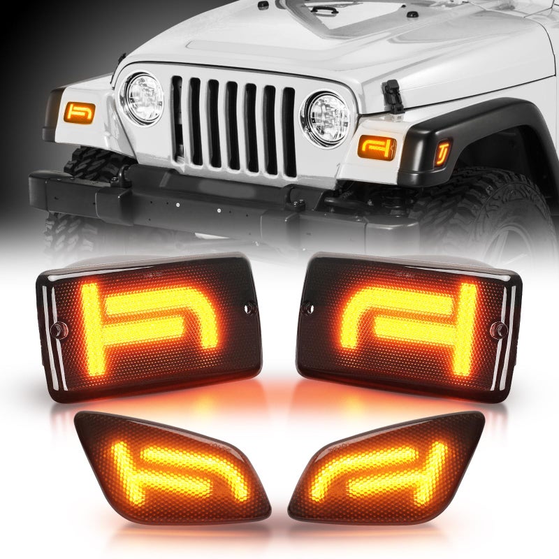 CAFOPAR Brighter TJ LED Turn Signal Lights and Side Marker Lights with Cool TJ Shape, Front Turn Signal Lamps Fender Side Markers Lights with Smoked Lens Covers Fit for Wrangler TJ 1997-2006, Plug & Play - Image 1