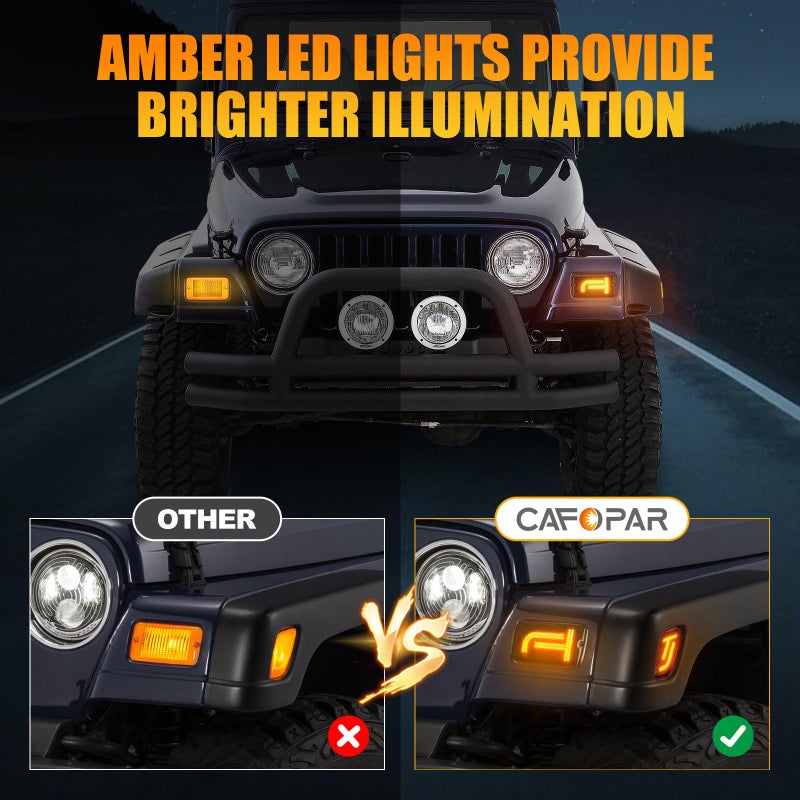 CAFOPAR Brighter TJ LED Turn Signal Lights and Side Marker Lights with Cool TJ Shape, Front Turn Signal Lamps Fender Side Markers Lights with Smoked Lens Covers Fit for Wrangler TJ 1997-2006, Plug & Play - Image 3