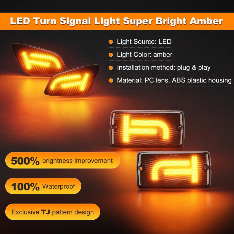 CAFOPAR Brighter TJ LED Turn Signal Lights and Side Marker Lights with Cool TJ Shape, Front Turn Signal Lamps Fender Side Markers Lights with Smoked Lens Covers Fit for Wrangler TJ 1997-2006, Plug & Play - Image 2