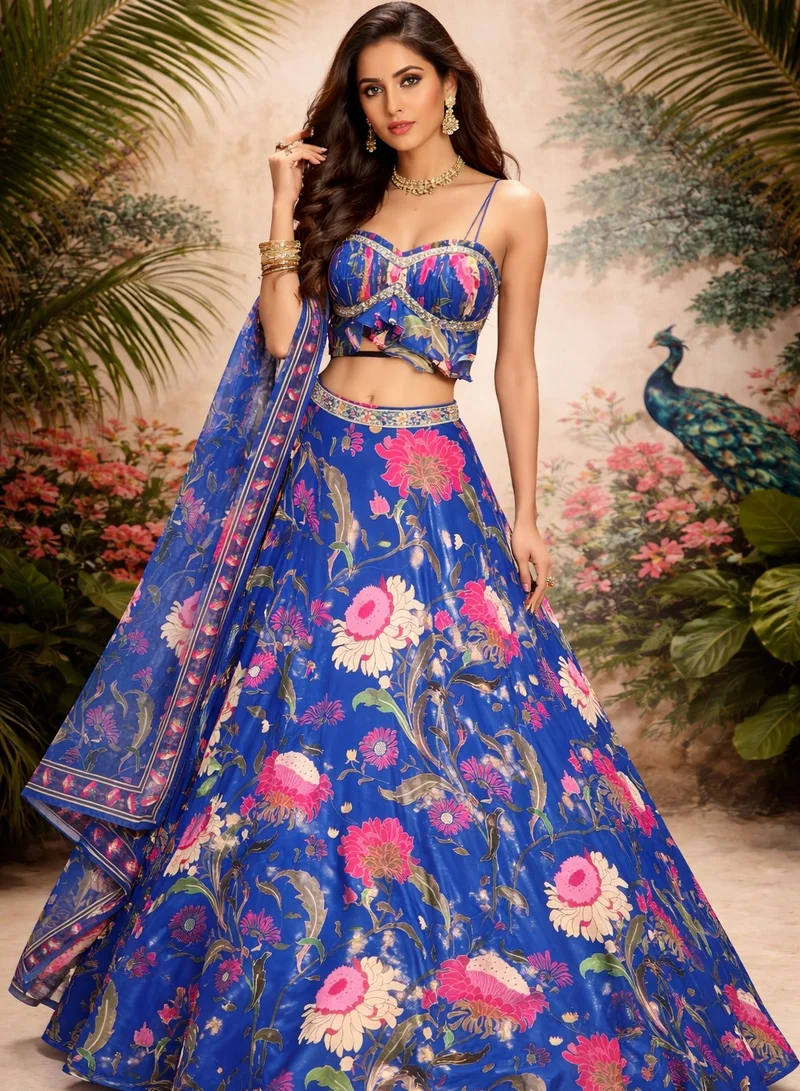 Lehar Cobalt Blue Floral Printed Lehenga Choli Set