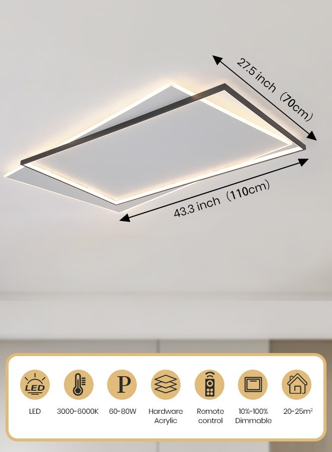 YATAI LIGHTING Modern Rectangular LED Ceiling Light, 60-80W Flush Mount with Remote, Dimmable 3000K-6000K White Modern Light Fixture for Living Room, Bedroom, Office - Acrylic & Aluminum Build - Image 3