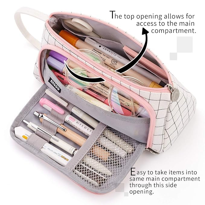 DROPOSALE Polyester Big Capacity Pencil Case High Large Storage Pouch Marker Pen Case Simple Stationery Bag School College Office Organizer for Teens Girls (White PLT) - Image 4