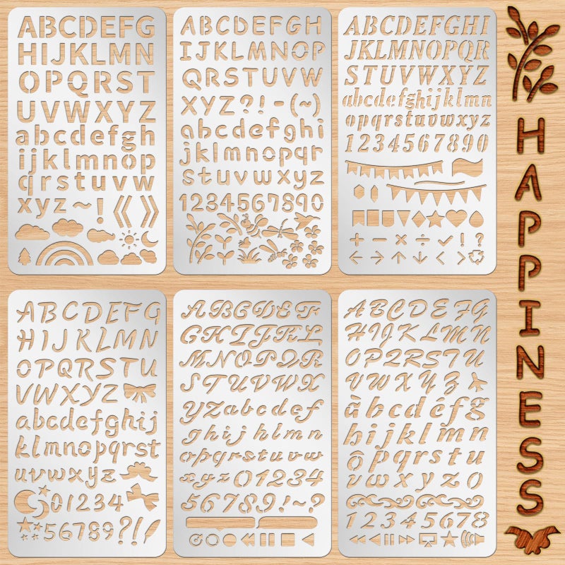 Lewtemi 6 Pcs Mixed Metal Stencil Wood Stencil Templates Stencils for Journaling Burning Stencils for Wood Carving Drawing Engraving Scrapbooking Journal Craft DIY (Letter Style) - Image 1