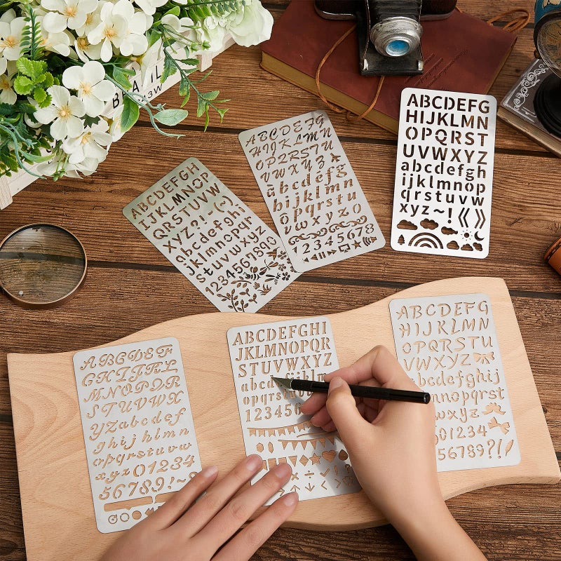 Lewtemi 6 Pcs Mixed Metal Stencil Wood Stencil Templates Stencils for Journaling Burning Stencils for Wood Carving Drawing Engraving Scrapbooking Journal Craft DIY (Letter Style) - Image 5
