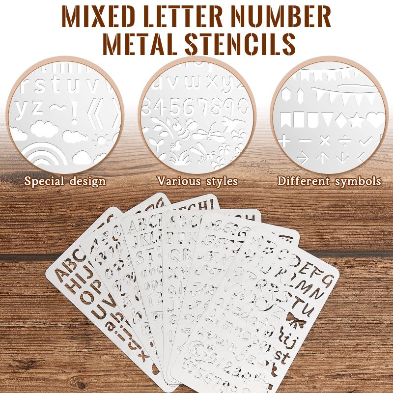 Lewtemi 6 Pcs Mixed Metal Stencil Wood Stencil Templates Stencils for Journaling Burning Stencils for Wood Carving Drawing Engraving Scrapbooking Journal Craft DIY (Letter Style) - Image 3