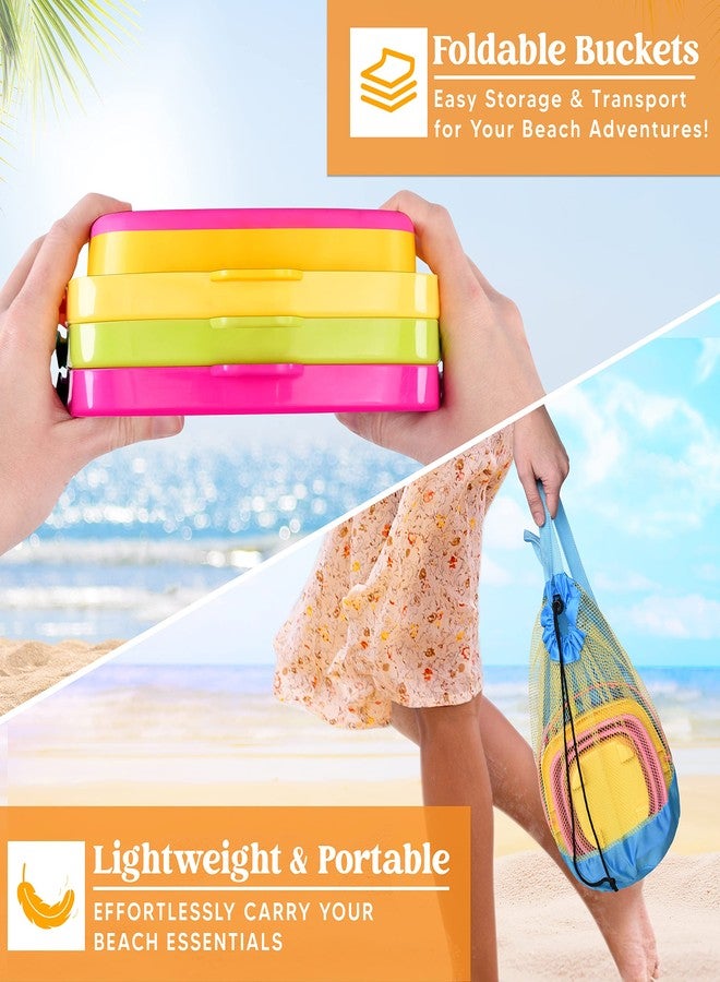 Sloosh 3 Packs Foldable Bucket - Collapsible Bucket with Sand Shovels and Mesh Backpack for Kids Toddlers Beach Toys, Easter Egg Hunt, Camping, Travelling and Fishing Water Pail (Pink/Purple/Green) - Image 4