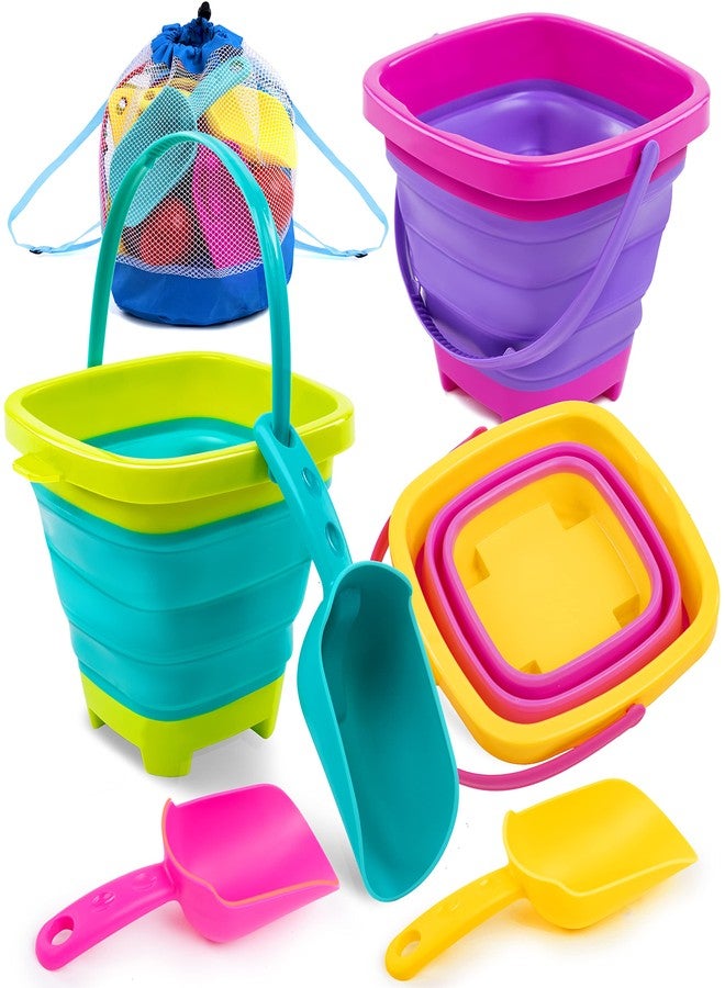 Sloosh 3 Packs Foldable Bucket - Collapsible Bucket with Sand Shovels and Mesh Backpack for Kids Toddlers Beach Toys, Easter Egg Hunt, Camping, Travelling and Fishing Water Pail (Pink/Purple/Green) - Image 1