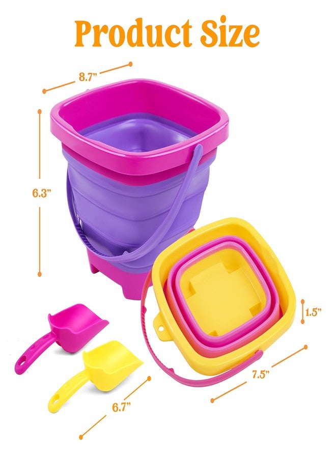 Sloosh 3 Packs Foldable Bucket - Collapsible Bucket with Sand Shovels and Mesh Backpack for Kids Toddlers Beach Toys, Easter Egg Hunt, Camping, Travelling and Fishing Water Pail (Pink/Purple/Green) - Image 5