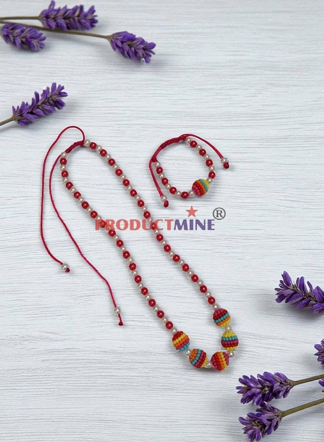 PRODUCTMINE® Handmade Adjustable Lovely Kids Girl's Beaded Necklace & Bracelet Sets Princess for Kids Girls Necklace and Bracelet Girl's Gift Jewelry for Princess - MAGENTA & WHITE - Image 4