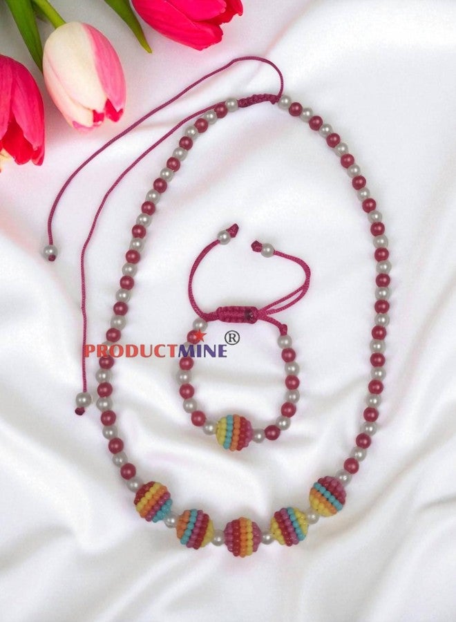 PRODUCTMINE® Handmade Adjustable Lovely Kids Girl's Beaded Necklace & Bracelet Sets Princess for Kids Girls Necklace and Bracelet Girl's Gift Jewelry for Princess - MAGENTA & WHITE - Image 5