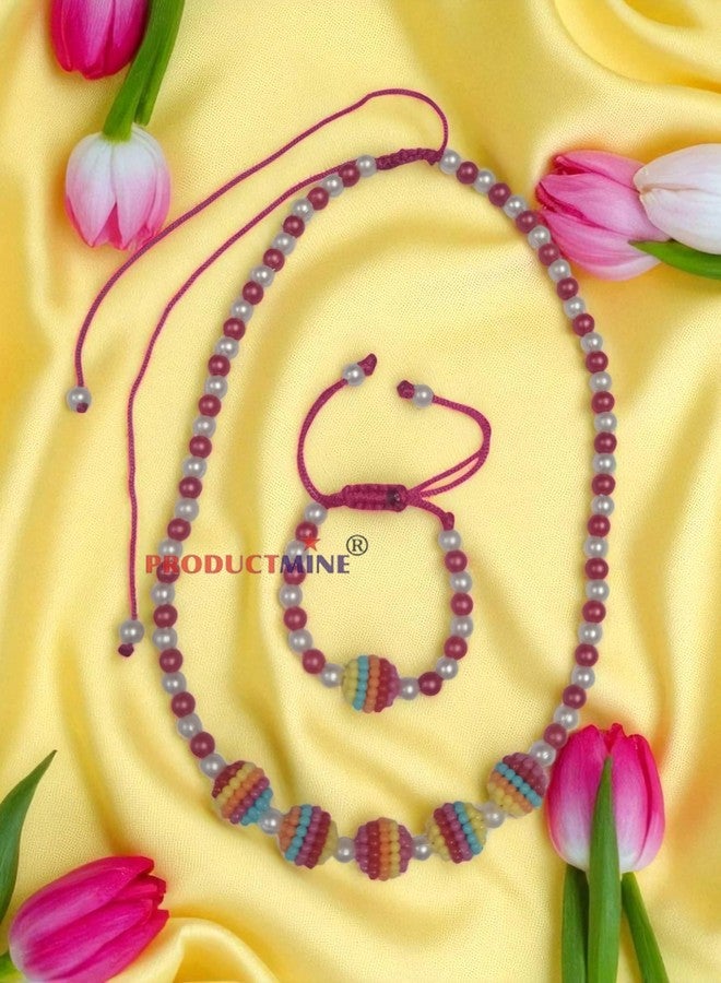PRODUCTMINE® Handmade Adjustable Lovely Kids Girl's Beaded Necklace & Bracelet Sets Princess for Kids Girls Necklace and Bracelet Girl's Gift Jewelry for Princess - MAGENTA & WHITE - Image 3