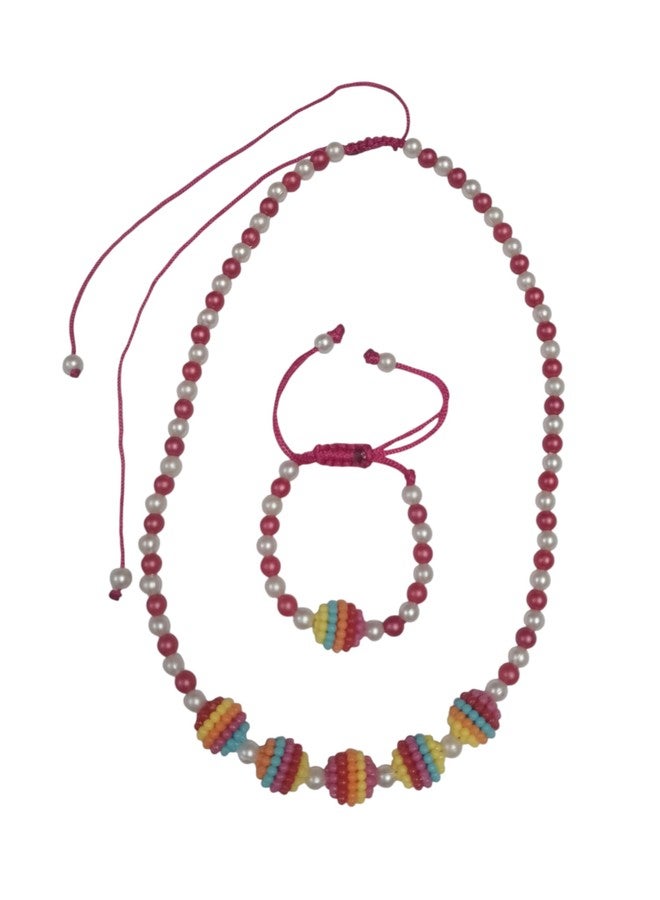 PRODUCTMINE® Handmade Adjustable Lovely Kids Girl's Beaded Necklace & Bracelet Sets Princess for Kids Girls Necklace and Bracelet Girl's Gift Jewelry for Princess - MAGENTA & WHITE - Image 1
