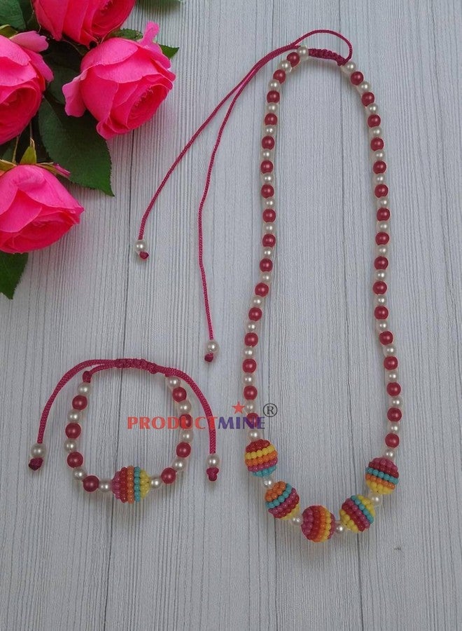PRODUCTMINE® Handmade Adjustable Lovely Kids Girl's Beaded Necklace & Bracelet Sets Princess for Kids Girls Necklace and Bracelet Girl's Gift Jewelry for Princess - MAGENTA & WHITE - Image 2