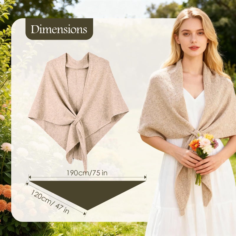 FeelfunFeather Shawl Wraps for Women Winter Knitted Triangle Cashmere Shawl Scarf Pashmina Cardigan Cape-Light Khaki - Image 3