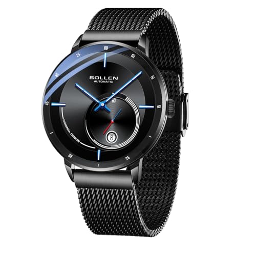 SOLLEN Minimalist Men's Automatic Watches, Black Mechanical Self-Winding Watch, 30M/3ATM Waterproof Stainless Steel Watch with Date, Luminous & Seconds Subdial, Dress Casual Business Luxury Wristwatch - 42mm - Image 1