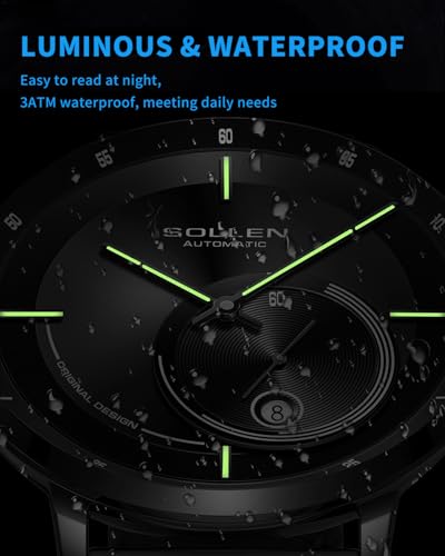 SOLLEN Minimalist Men's Automatic Watches, Black Mechanical Self-Winding Watch, 30M/3ATM Waterproof Stainless Steel Watch with Date, Luminous & Seconds Subdial, Dress Casual Business Luxury Wristwatch - 42mm - Image 5