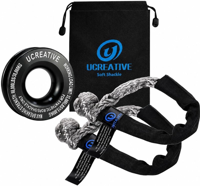 Ucreative حلقة إنقاذ باللون الأسود من Ucreative وزوجان من الأصفاد الناعمة باللون الرمادي (1/2 بوصة x 22 بوصة)، مجموعة مخصصة لحبال الرفع الاصطناعية لاستخدامها في إنقاذ مركبات الدفع الرباعي (ATV) ومركبات الطرق الوعرة (UTV) وسيارات الدفع الرباعي (SUV) والشاحنات. - Image 1