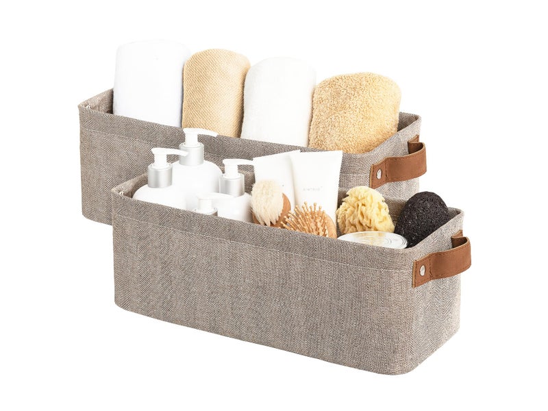 StorageWorks Narrow Storage Bins  Small baskets for Organizing  Long Storage Basket with Handles  Fabric Storage Bins for Shelf  Brown and Beige  2-Pack - Image 1