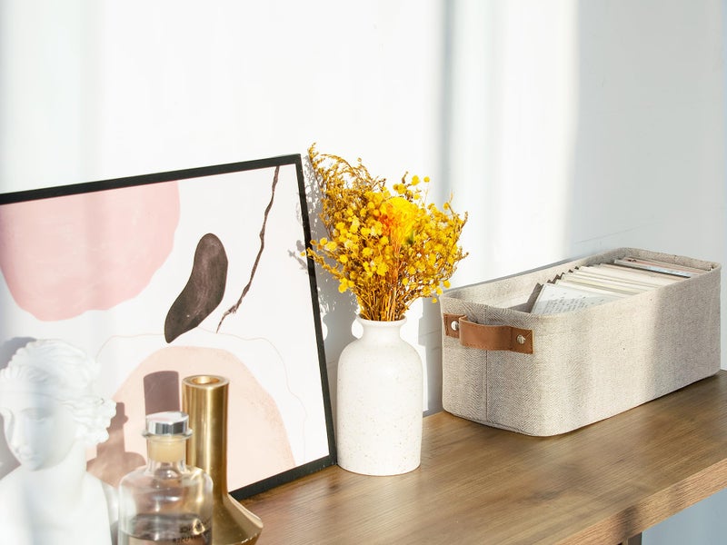 StorageWorks Narrow Storage Bins  Small baskets for Organizing  Long Storage Basket with Handles  Fabric Storage Bins for Shelf  Brown and Beige  2-Pack - Image 5