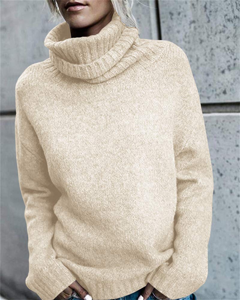 FISACE Womens Oversized Turtleneck Pullover Sweater Cable Knit Long Sleeve Sweater Tops A-Beige - Image 2