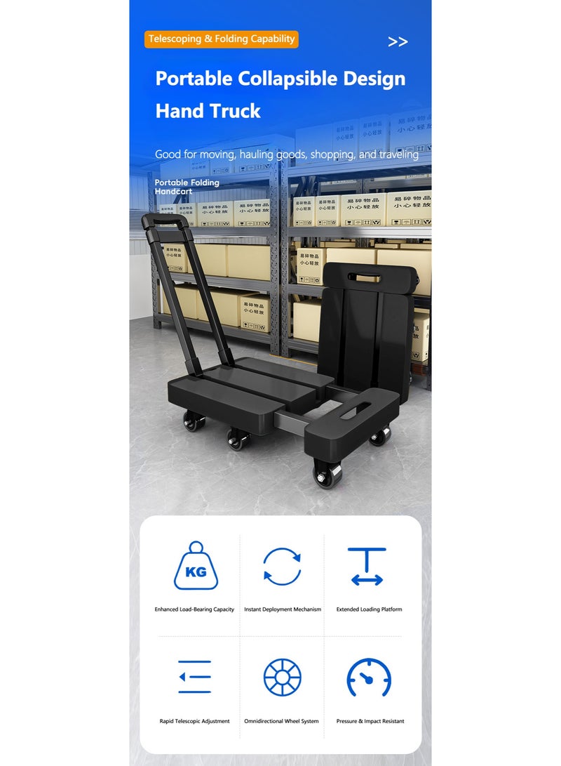 WALALLA Folding Hand Truck, Lightweight Heavy Duty Luggage Cart, Extendable Utility Dolly Platform Cart, Portable Platform Trolley with 6 Wheels, Elastic Ropes, Telescoping Handle for Material Handling - Image 2