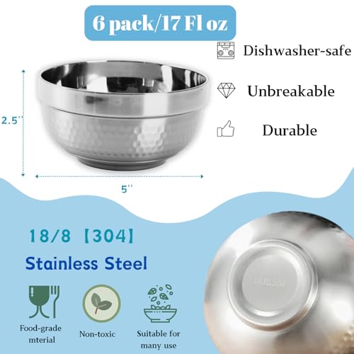 ZENFUN 6 Pack 18/8 Stainless Steel Bowls, 17 Oz Soup Bowl Double-walled Insulated Bowls, 5 Inch Snack Cereal Bowl for Rice, Fruit, Salad Ice cream, Food-grade - Image 2