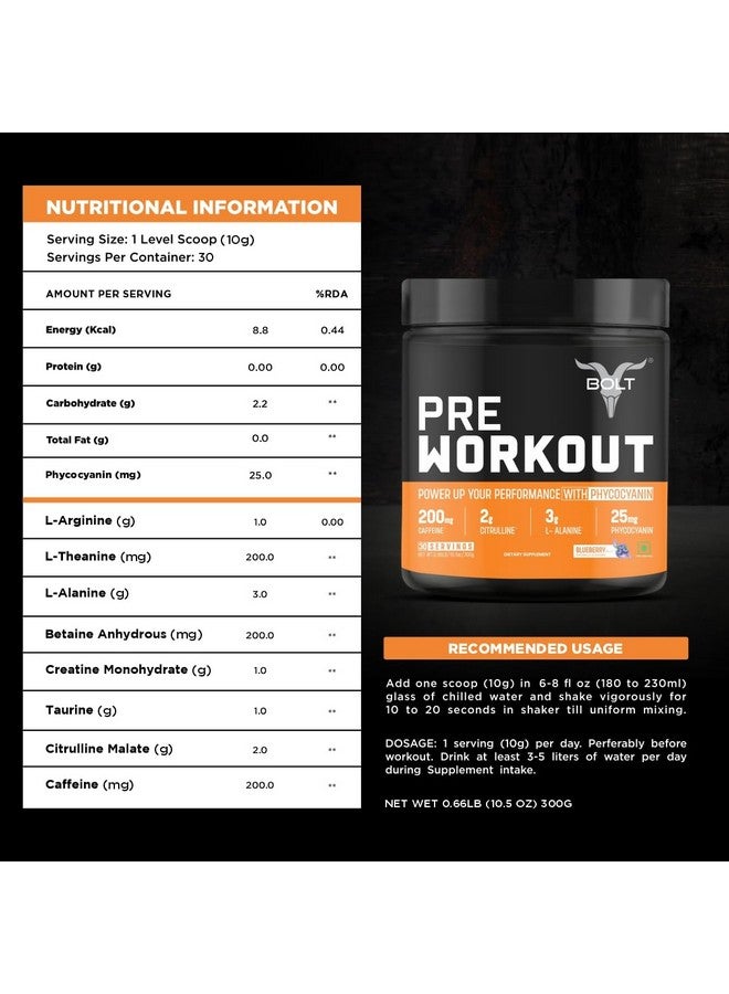 BOLT Bolt Nutrition Pre Workout Supplement | 300 grams,30 Servings |With Caffeine Powder, Citrulline Malate, B-Alanine, Taurine For Explosive Energy, Pump & Focus | Blue Berry Blast  - Image 4