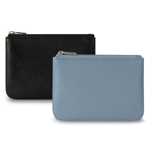 Chelmon PU Leather Coin Purse Pouch Change Holder Small With Zipper for Men Women 2 PCS Set (Black&Blue) - Image 1